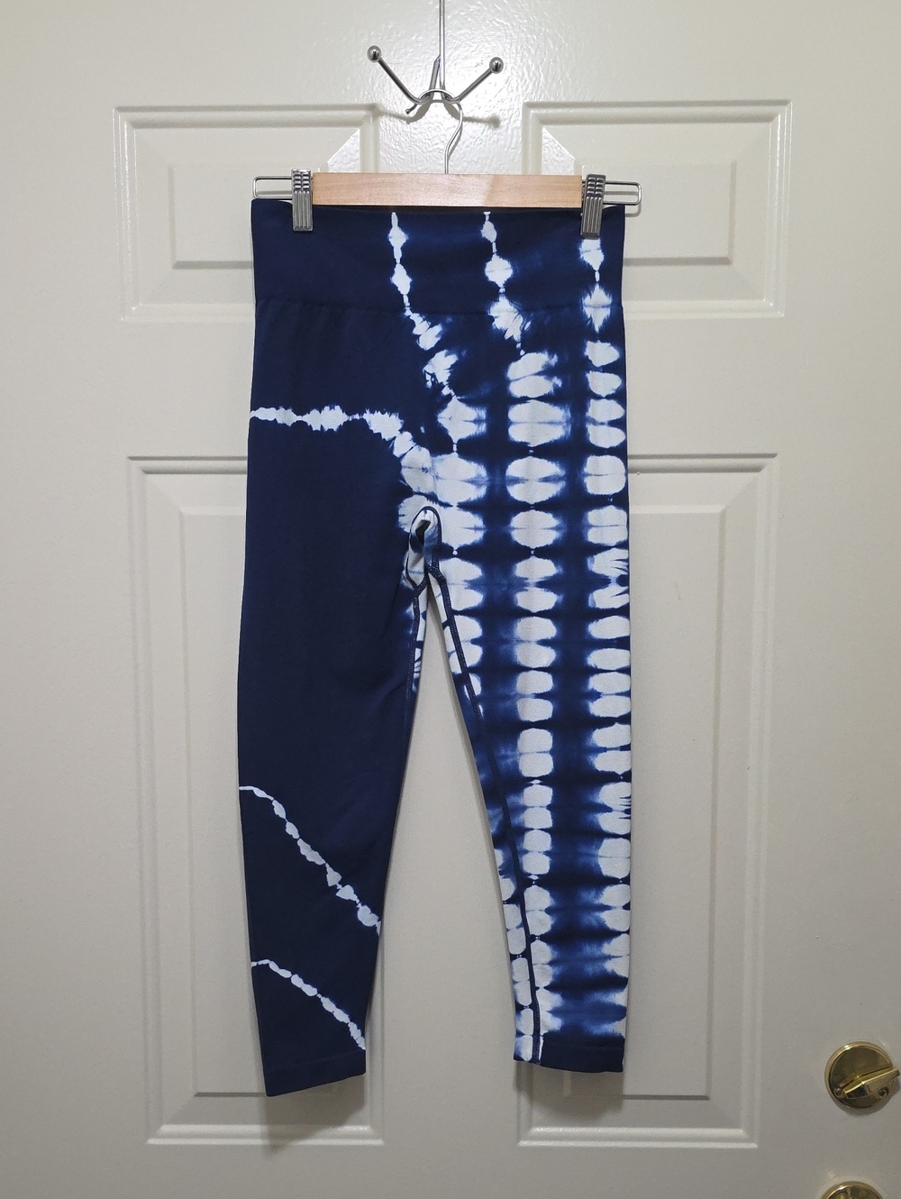 Navy & White Tie-Dye Leggings with Wide Waistband